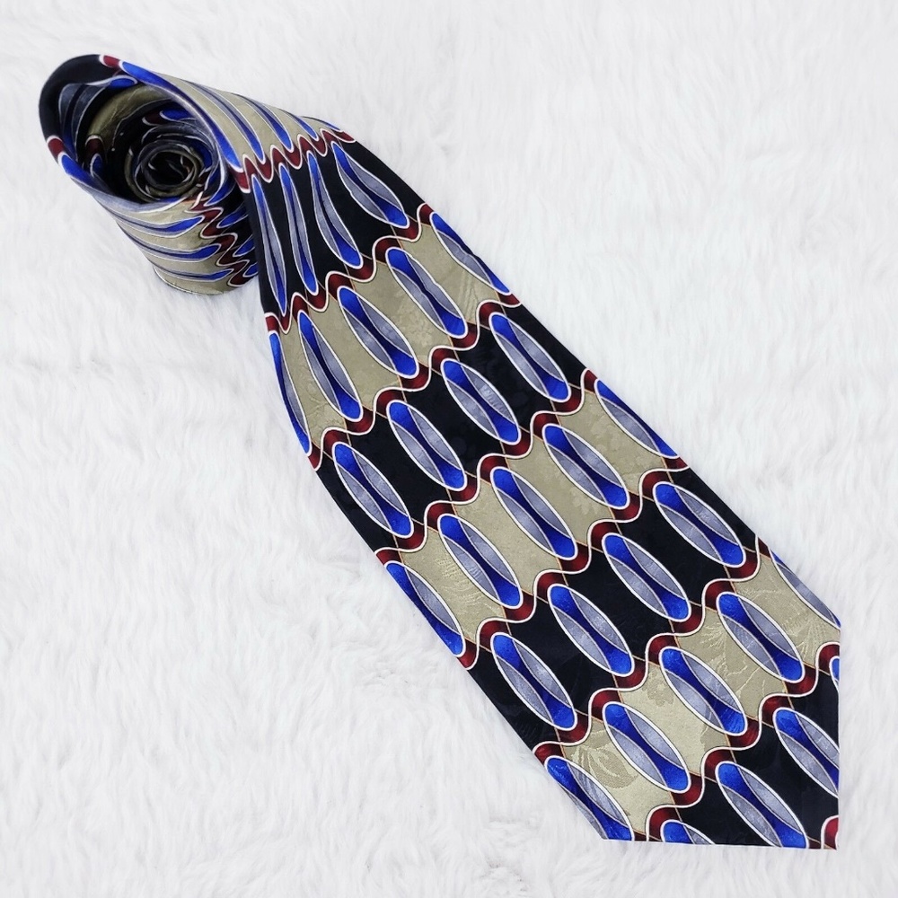 Antonia Black Blue Gold Ovals Men 100% Silk Necktie Size 58x4 - NWOT